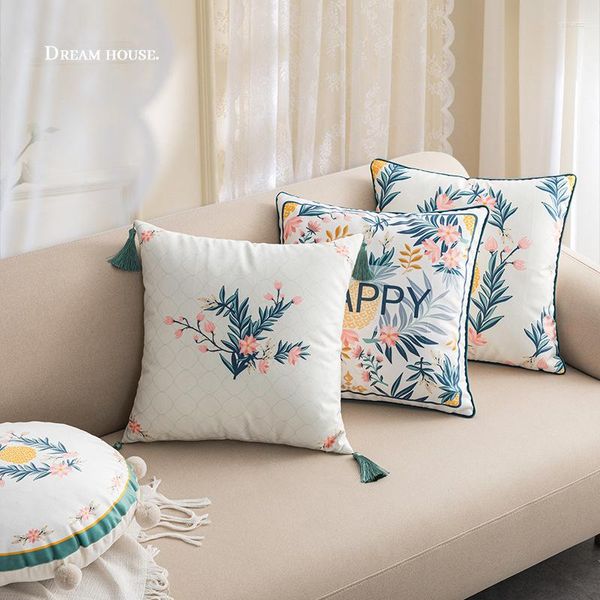 Oreiller bleu couverture florale glands ronds pompon velours maison décorative 45x45 salon canapé lit chaise