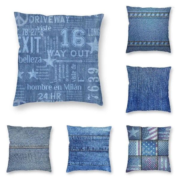 Diseño de mezclilla de jeans azules de almohada con cubierta de texto decoración del hogar textura genial para sala de estar