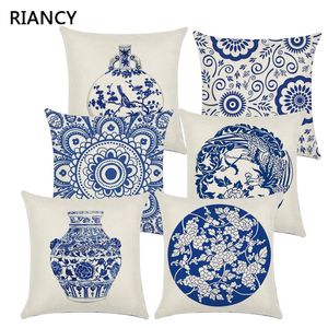 Oreiller bleu porcelaine décor décoratif lin 45 couverture canapé taie d'oreiller pour salon taie d'oreiller 40601/décoratif