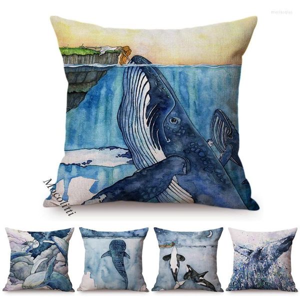 Oreiller bleu baleine Style océan Animal couverture eau couleur peint filles et dauphin contes de fées décoration canapé