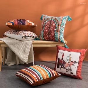 Oreiller Boho imprimé géométrique housse à franges Orange rouge étui d'art abstrait décor à la maison chambre salon canapé