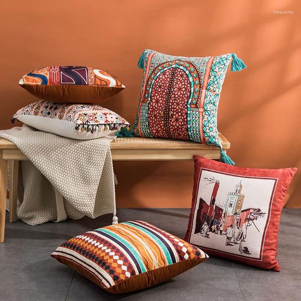 Almohada Boho Impresión geométrica Cubierta con flecos Naranja Rojo Arte abstracto Caso Decoración para el hogar Dormitorio Sala de estar Sofá