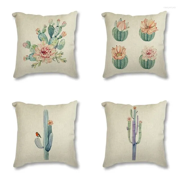 Oreiller cactus décor lin couvercle de siège de coton aquarelle de la plante fleur de la plante imprimée casse décorative 45x45