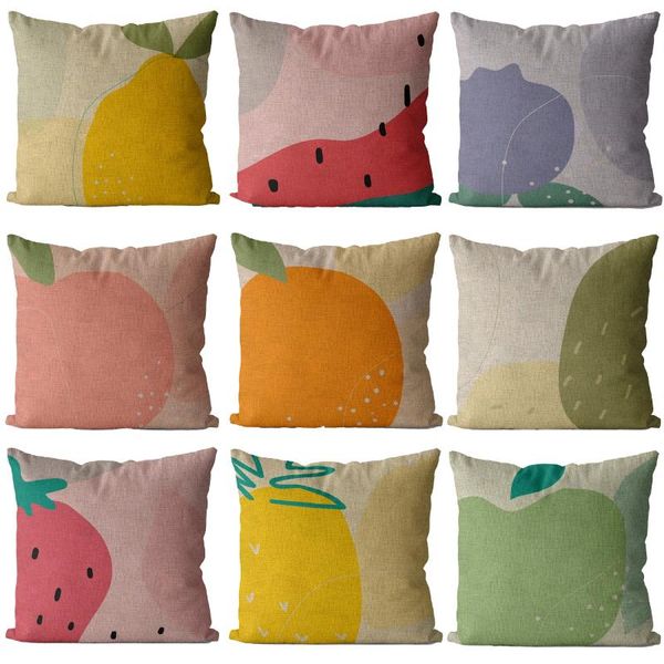 Funda de almohada con dibujos de frutas, Serie de frutas coloridas, melocotón, fresa, pera, piña, sandía, naranja, manzana, Liene, decoración del hogar