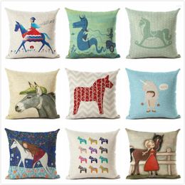 Oreiller dessin animé cheval couverture coton lin impression étui pour canapé maison taie d'oreiller décorative Almohada ZT206