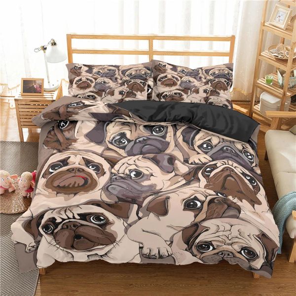Pillow Cartoon Pug Dog Dobet Cover Set Cople Couper à litière douce Ensemble de litière pleine taille pour garçons Girls Bedroom 2/3 Pieces avec pire-oreillers