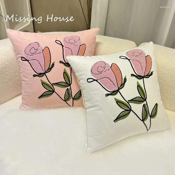 Couchette de bande dessinée rose Vases florales tulipes brodées de taie d'oreiller en couvercle de coton décontracté