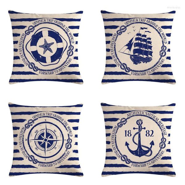 Funda de almohada de lino y algodón con timón de barco de dibujos animados, decoración para el hogar, cojines decorativos para asiento de sofá de 45cm