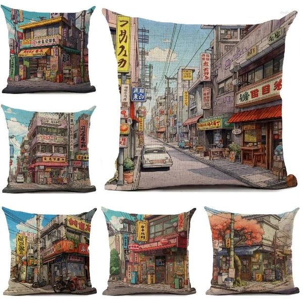 Almohada Cartoon Street Corner Cover Cover Japan Architecture Decoración del hogar Sala de estar Sofá Caja de almohadas 45x45cm