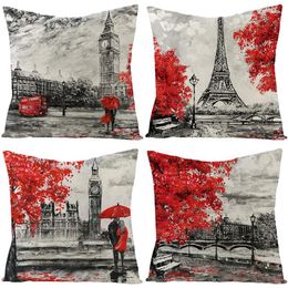 Funda de almohada 2023 Amante de lujo Pareja Funda de almohada roja Torre Eiffel París Pintura al óleo Sofá suave Cojines de cama doble Amor Río