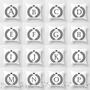 Kussensloop 26 Letters Cover Crown Letter Throw Zwart-wit alfabet decoratieve kussenslopen 230808