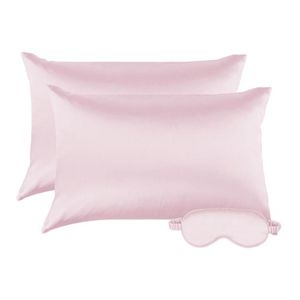 Taie d'oreiller 2 pièces taie d'oreiller en soie satinée couleur unie rose couverture imitée douce avec 1pc ombre à paupières