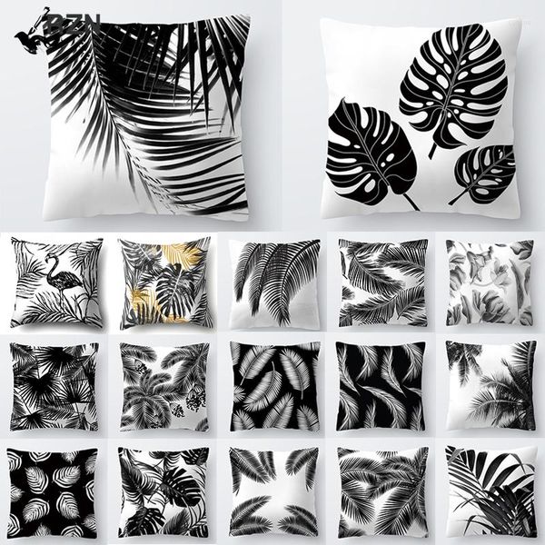 Taie d'oreiller 45 45 cm noir blanc plante feuilles décor pour la maison jeter décoration nordique housse de coussin tropicale