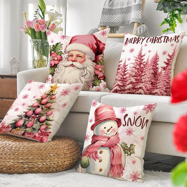 Funda de almohada 45x45cm funda de almohada navideña rosa Papá Noel muñeco de nieve árbol de Navidad funda de almohada de lino decoración 2023 funda de cojín de sofá para el hogar