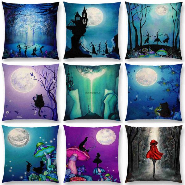 Caso de almohada 45x45cm lindo gato mágico luna nocturna Wonderland Jade Forest Witch Halloween Dance Coushion Cousch Sofá Sofá Carrera de hogar HKD230817