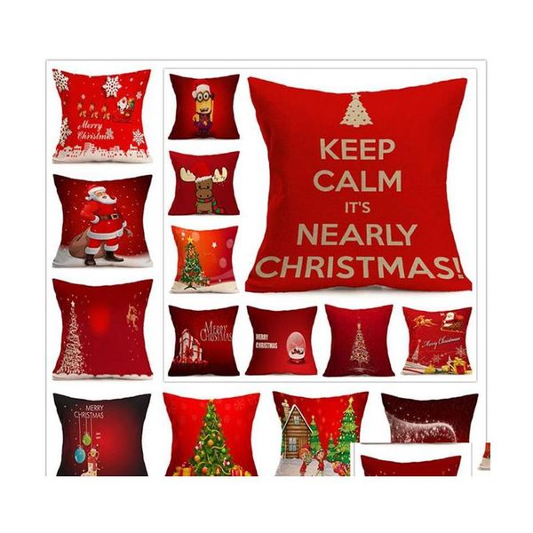 Funda de almohada 45X45Cm Holiday Christmas Red Cases Elk Reno Santa Claus Carta decorativa Impreso Lino Throw Drop Delivery Home Ga Dho4J