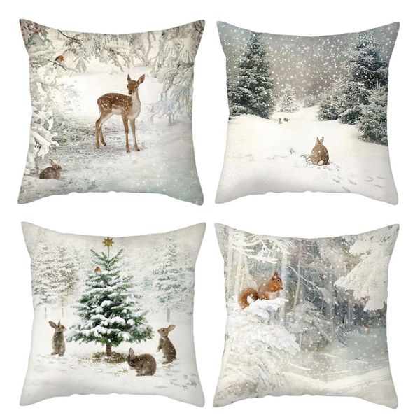 Funda de almohada Estética Er 18X18 Juego de 4 Blanco Nevado Invierno Rústico Lino Tiro Ers Árbol de Navidad Reno Ardilla Conejo Deco Carshop2006 Amlz4