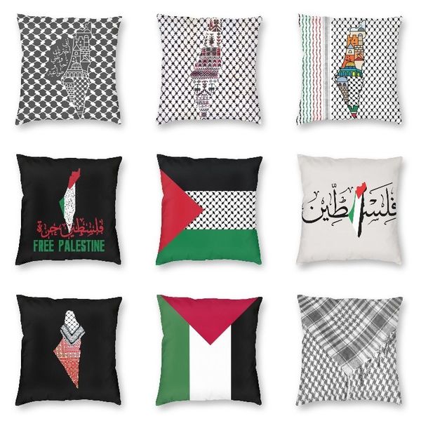 Taie d'oreiller calligraphie arabe carte palestinienne et motif Kufiya housses de coussin canapé décoration Palestine keffieh taie d'oreiller carrée 40x40 220623