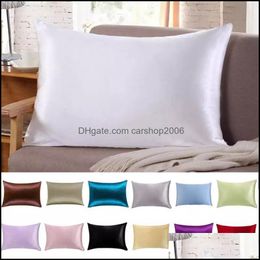 Funda de almohada Ropa de cama Textiles para el hogar Jardín Ll 20X26 Pulgadas Funda de almohada de satén de seda Almohadas de color sólido Er Luxury S Dhgba