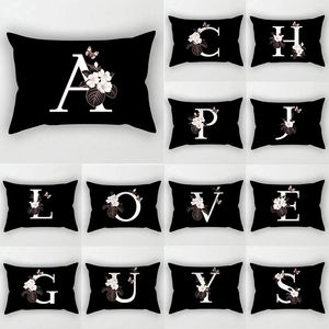 Taie d'oreiller Noir Polyester Housse De Canapé Blanc Lettre Alphabet Coussin 30x50cm Fleur Papillon Double Face Décor