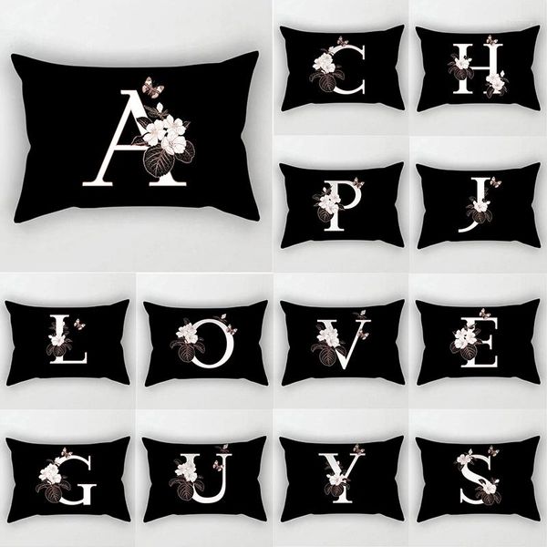 Taie d'oreiller Noir Polyester Housse De Canapé Blanc Lettre Alphabet Coussin 30x50cm Fleur Papillon Double Face Décor