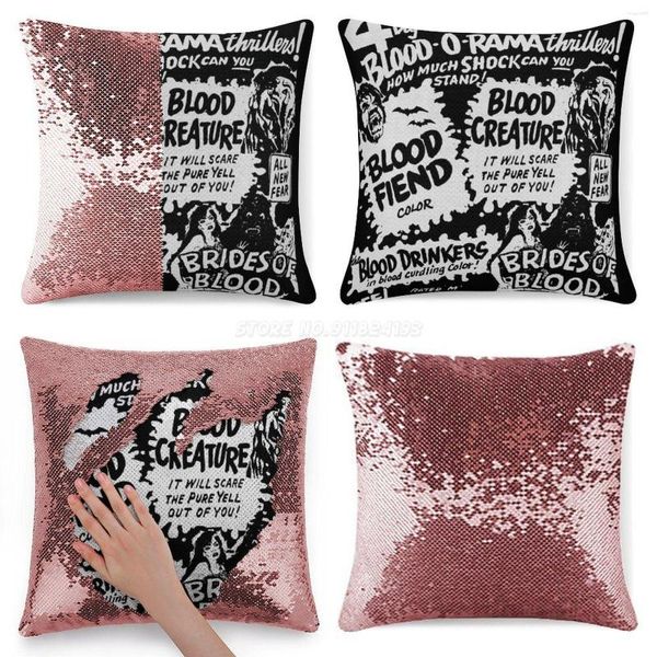 Funda de almohada ¡Sangre-O-Rama! Funda de almohada con lentejuelas, 40cm x 40cm, donación de sangre de terror en películas B, monstruos, vampiros