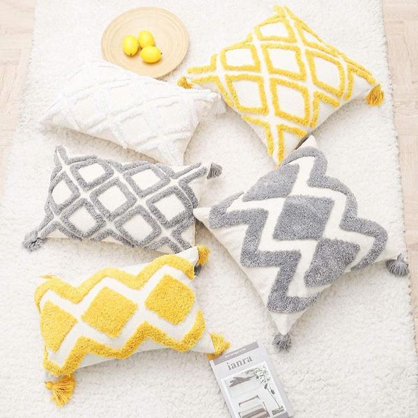 Funda de almohada Funda de tiro boho con borlas Cojín de chenilla crema decorativo con mechones marroquíes para sofá (blanco amarillo gris)