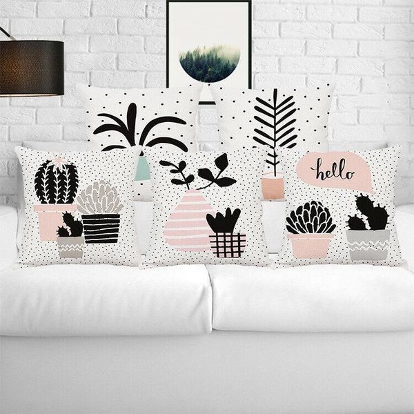 Funda de almohada Cactus en maceta Algodón Lino Cojín de oficina Hogar Habitación suave Regalos Impresión de un solo lado