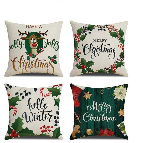 Funda de almohada, funda de cama de Navidad, copo de nieve, alce, árbol, funda de almohada, cojines de sofá, fundas de lino y algodón, decoración del hogar