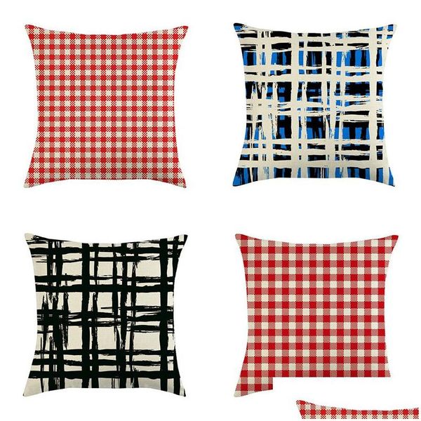 Funda de almohada Classic Plaid Er 18X18 Pulgadas Lino Rojo Azul Lattice Throw Cojín Decoración navideña para el hogar Dbc Drop Delivery Garden Text Dhrlw