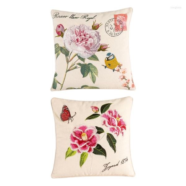 Funda de almohada estilo chino clásico tiro de lino Vintage peonía flor pájaro bordado hogar sofá cojín decorativo Cove