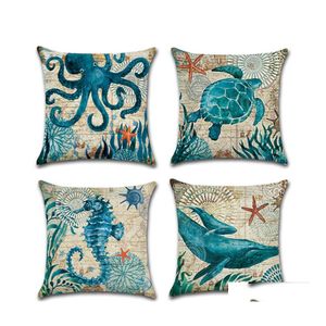 Tai-oreiller personnalisable Impression simple en simple Marine Marine Turtle Seahorse Whale Octopus Home Cushion ERS 45x45cm en lin canapé DH0569 Dr Dhydd