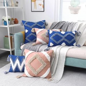 Kussensloop decoratieve boho tufted kwast blauw roze hoes 45x45 cm katoenen canvas dekhoezen voor bank sofa bed