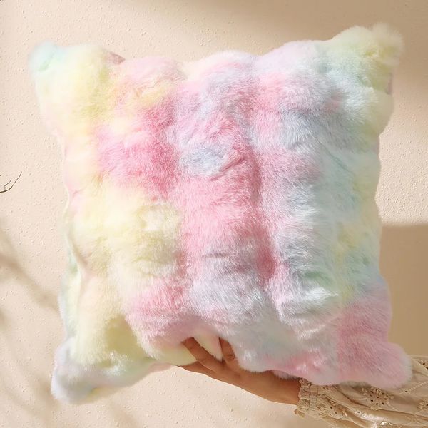 Funda de almohada Almohada de textura de grado de piel de lujo de felpa de conejo de doble cara con funda de almohada de sofá cuadrado central Tie Dye Rainbow Pillow 231214