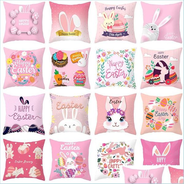 Funda de almohada Cojín de Pascua Er 18.0 x 18.0 in, funda de almohada con estampado de huevo de conejo feliz rosa, decoración del sofá del hogar, entrega directa, textiles para jardín, cama Dhary