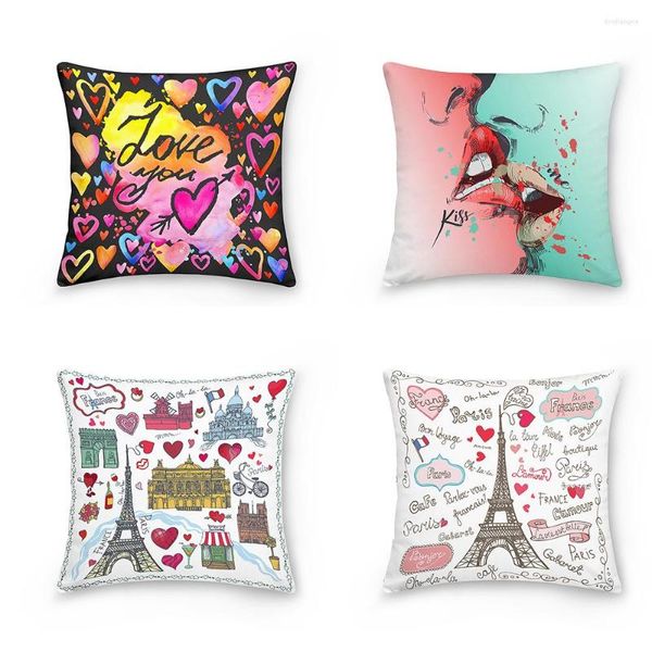 Funda de almohada Torre Eiffel Labios Patrón de amor Cojines decorativos Funda de almohada Funda de cojín de poliéster Sofá de tiro