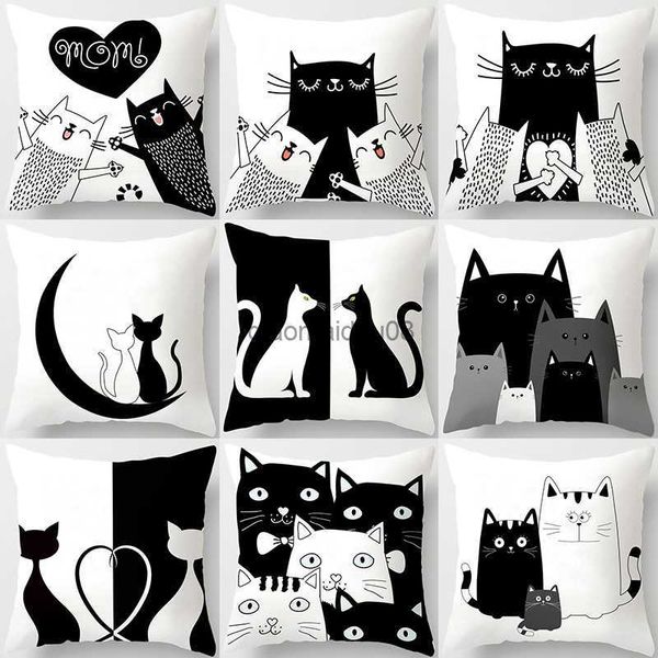 Caja de almohada Funny lindo amante negro Cat Cushion Coushion 45*45 Cubierta de poliéster Sofá Decoración de la sala de decoración del hogar HKD230817