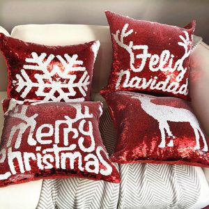 Funda de almohada Glitter Lentejuelas Funda de cojín Decoración navideña Elk Copo de nieve Navidad roja para sala de estar Sofá Throw 230901