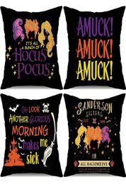 Funda de almohada Halloween Ers 18X18 Juego de 4 Sanderson Sisters Hocus Pocus Decoraciones Otoño Granja Almohadas Tiro decorativo Cush Mj8051048