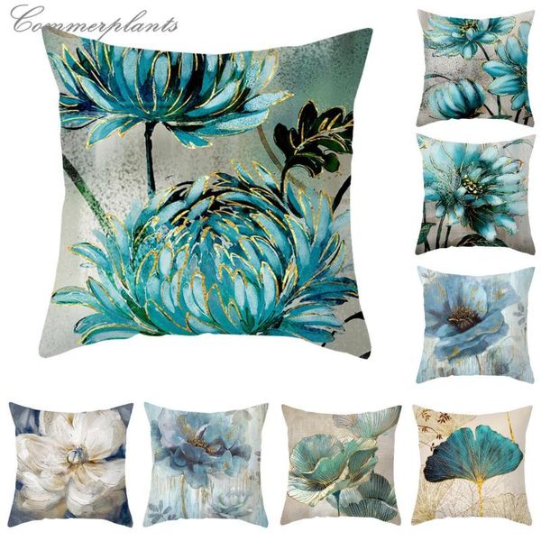 Funda de almohada flores pintadas a mano líneas doradas dibujo cubierta azul Ginkgo funda de almohada floral sofá cama sofá cojín moda decoración del hogar