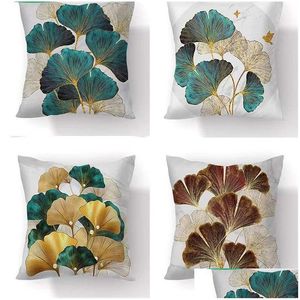 Funda de almohada Pintado a mano Hojas de ginkgo Poliéster Felpa corta Silla floral moderna Cojines Fundas Decoración para sala de estar Cojines 5409 D Dhd50