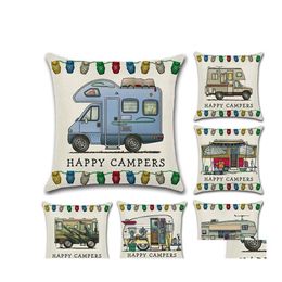 Taie d'oreiller Happy Campers Taie d'oreiller 45X45Cm Touring Car Taie d'oreiller Coussin en lin Er Home Cafe Office Decor Cadeau Wy1437 Drop Dhrih