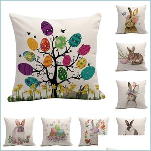 Taie d'oreiller Joyeuses Pâques Taie d'oreiller Mignon Souriant Lapin Lapin Couleur Oeufs Maison Coton Lin Jeter Coussin Personnalisé Er Drop Delive Dhje9