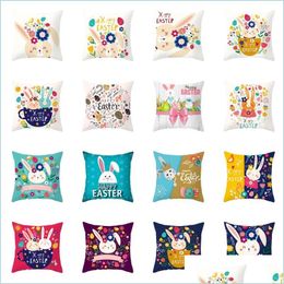 Taie d'oreiller Joyeuses Pâques Taie d'oreiller Peau de pêche Lapin Taie d'oreiller imprimée Canapé Coussin de voiture ERS Simple face Lapin Drop Livraison Accueil Dhuqj