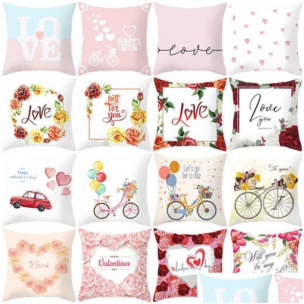 Funda de almohada Happy Valentines Day Cases Heart Love Print Throw Valentine Decoración del hogar Funda de almohada Drop Delivery Garden Textiles Bed Dhuba