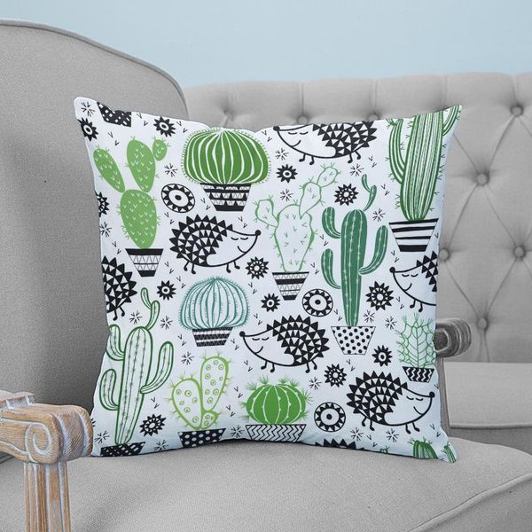 Taie d'oreiller en tissu peluche imprimé de dessin animé hérisson et Cactus, taie d'oreiller décorative pour la maison