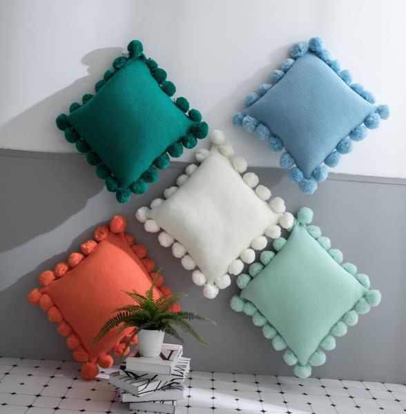 Funda de almohada Decoración suave para el hogar cojines de tejer cubierta de bola de linterna popular Bolas de felpa fundas de cojines de sofá de color sólido Suministros de ropa de cama