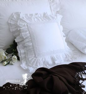 Taie d'oreiller en coton coréen, housse de coussin blanche unie, à volants, couches de gâteau, princesse romantique en dentelle rose