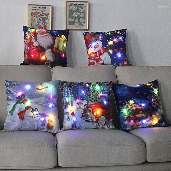 Taie d'oreiller lumière LED coussins de noël couverture Santa Elk flocon de neige noël lanterne lueur taie d'oreiller décoration de vacances d'hiver