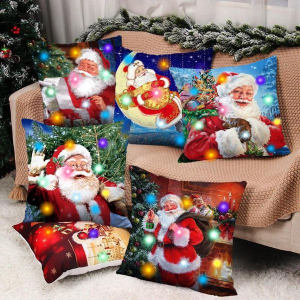 Taie d'oreiller LED rétro père noël, décoration lumineuse de noël, housses de coussin de canapé de maison, taie d'oreiller en Satin 40x40, 2023